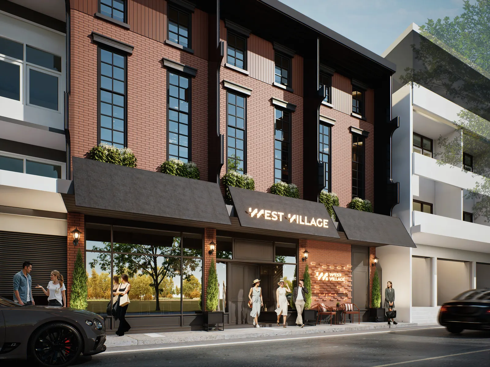มุมเฉียงอาคาร West Village โชว์รายละเอียดผนังอิฐและกันสาดดำ