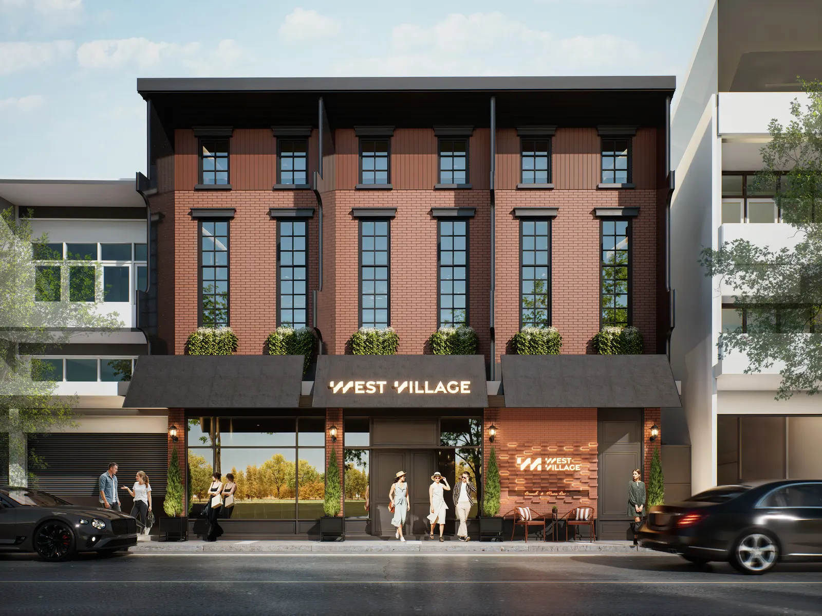 อาคารอิฐแดงสไตล์ทาวน์เฮาส์นิวยอร์กของ West Village ช่วงกลางวัน
