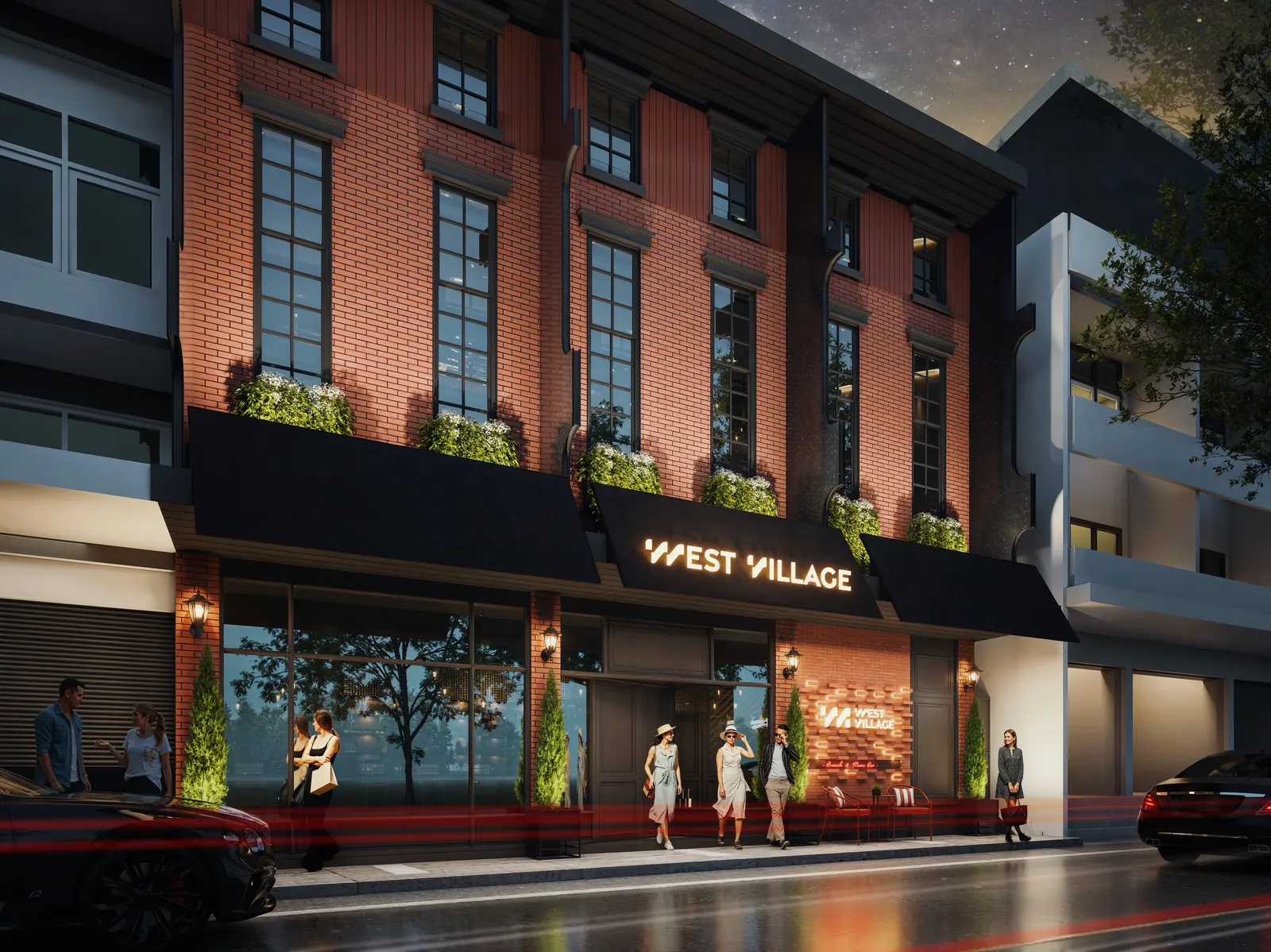 หน้าร้าน West Village ยามค่ำ มุมเฉียง