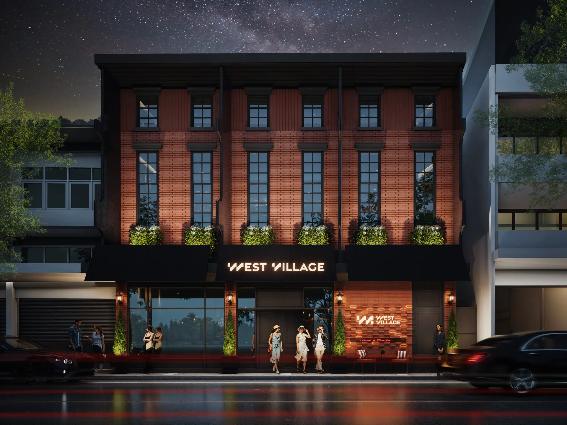 อาคารอิฐแดง West Village ยามค่ำคืน ป้ายนีออนเรืองแสง
